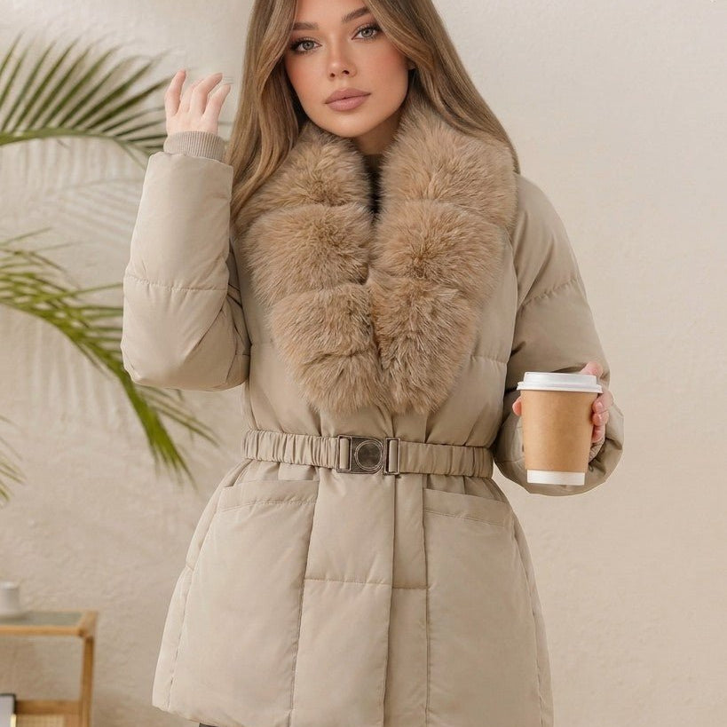 SOKYND Octavia Belted Faux Fur Collar Quilted Parka CoatSOKYND-235799-BEI-S-07927BeigeS