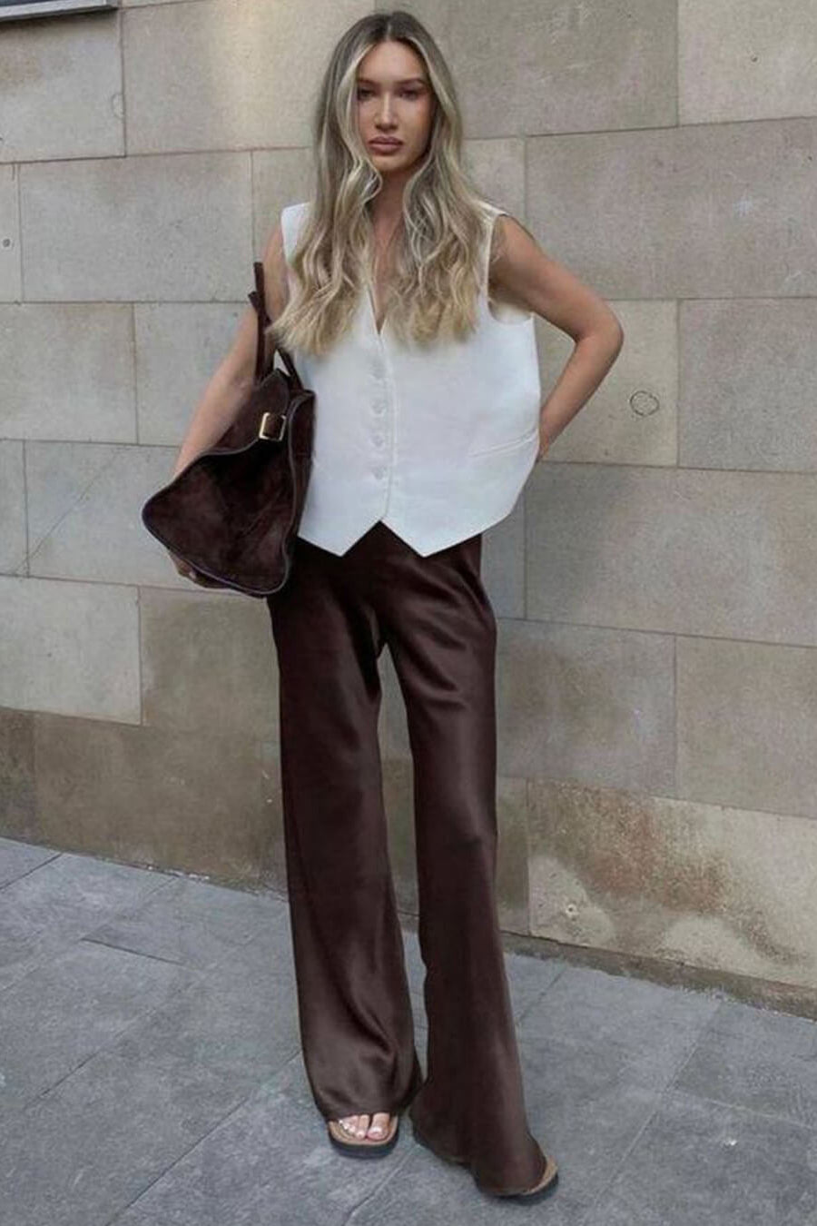 SOKYND Paige High Waist Satin Wide Leg Trousers BottomsBrownM
