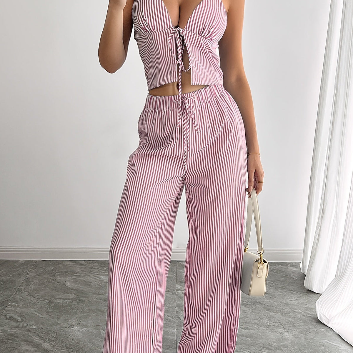 SOKYND Phoenix Striped Halter Tank Top Set TopSOKYND-043735-PIN-XS-16247PinkXS