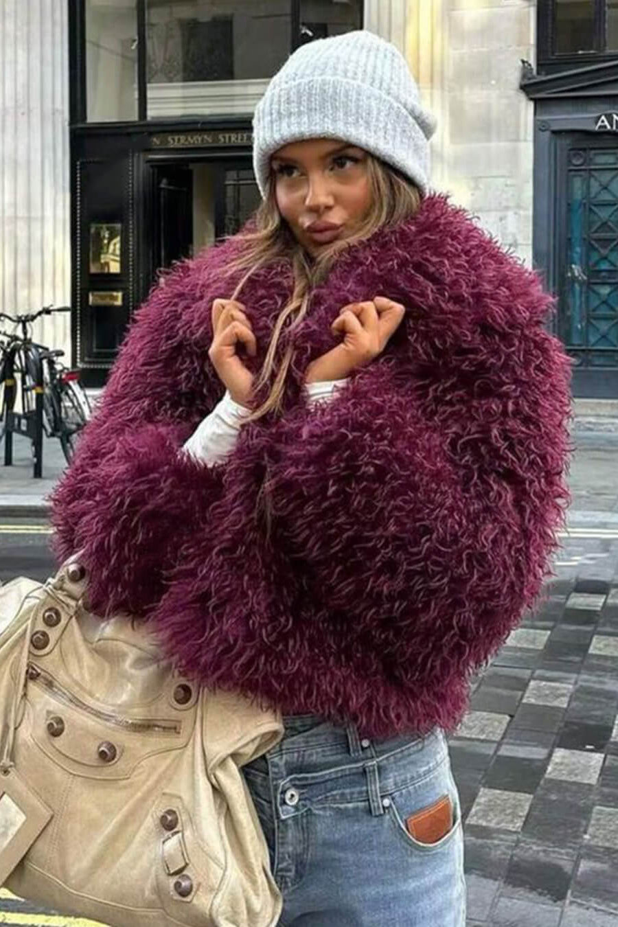 SOKYND Priscilla Fuzzy Faux Fur Coat Coats & Jacketsct1767356248755910001BurgundyXS