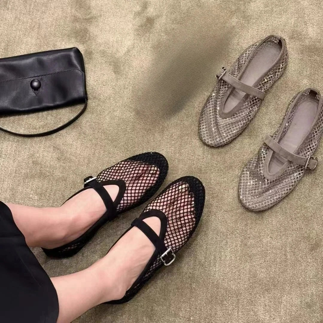 SOKYND Rebecca Rhinestone Mesh Ballet Flats ShoesBlack35
