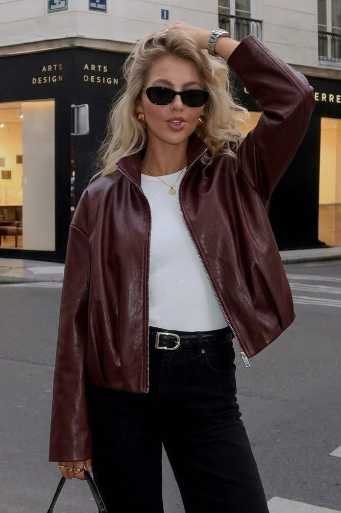 SOKYND Rose Funnel Neck Faux Leather Biker Jacket JacketSOKYND-399511-BUR-M-91863BurgundyM
