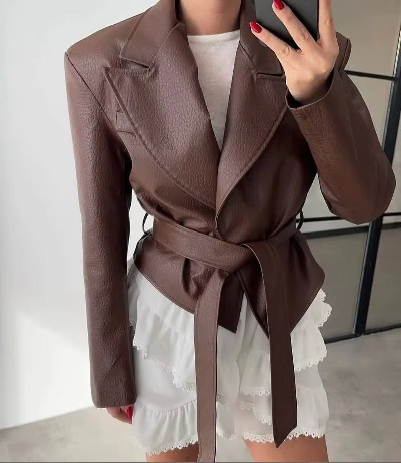 SOKYND Ruth Lace-Up Faux Leather Blazer Jacket JacketSOKYND-384855-BRO-L-52919BrownL