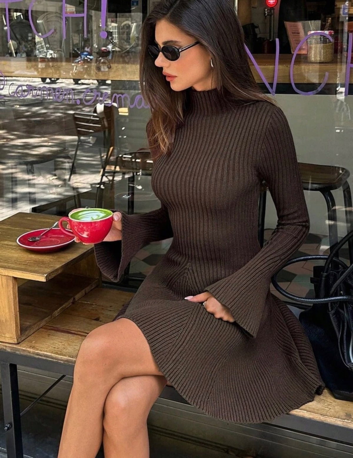 SOKYND Sara Bell Sleeve Ribbed Knit Sweater Dress DressSOKYND-154903-BRO-S-26071BrownS