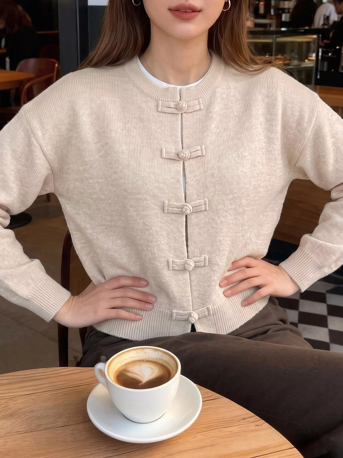 SOKYND Sara Frog Knots Knitted Cardigan CardiganSOKYND-490071-BEI-S-95895ApricotS