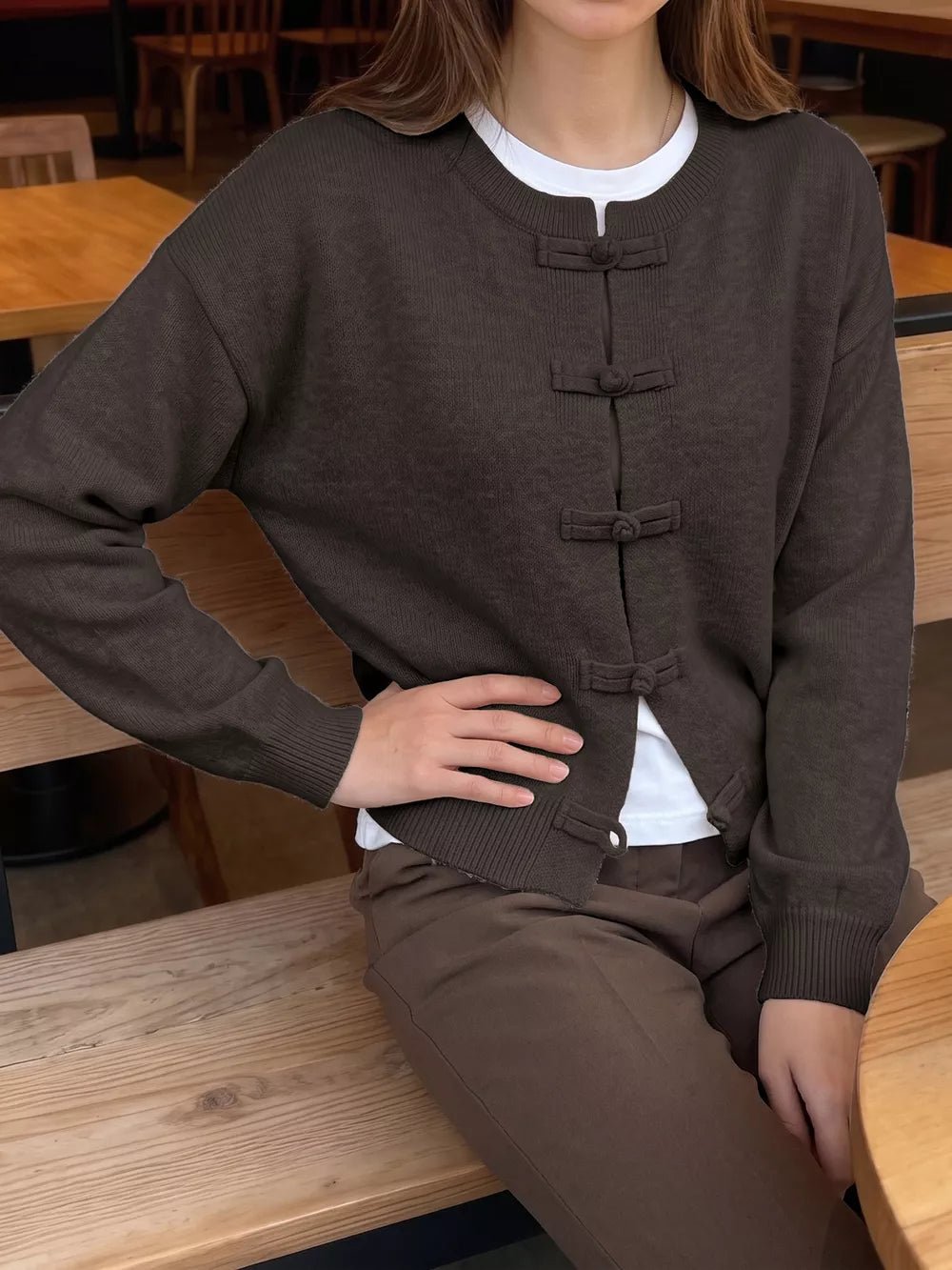 SOKYND Sara Frog Knots Knitted Cardigan CardiganBrownS