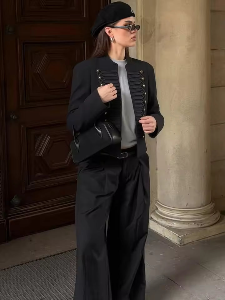 Ava Military Leather Bomber Jacket in Black