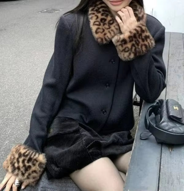 Laura Leopard Faux Fur Trim Button-Up Jacket