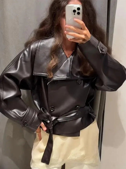 Rose Faux Leather Lace-Up Trench Coat