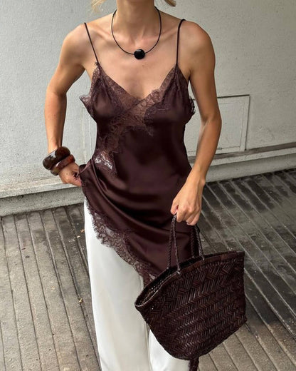 Gemma Asymmetric Satin Lace Midi Dress