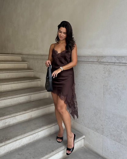 Gemma Asymmetric Satin Lace Midi Dress