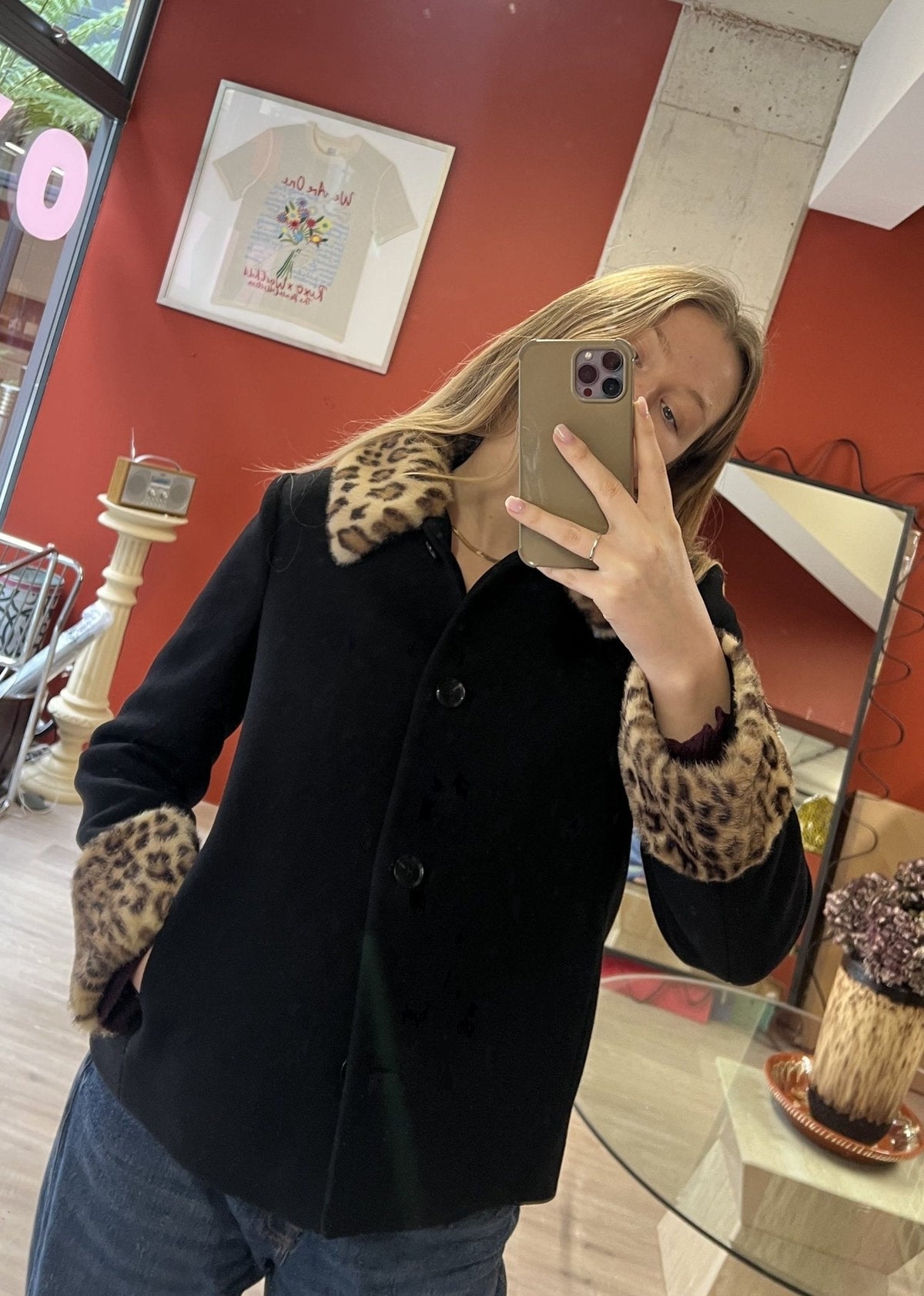 Laura Leopard Faux Fur Trim Button-Up Jacket