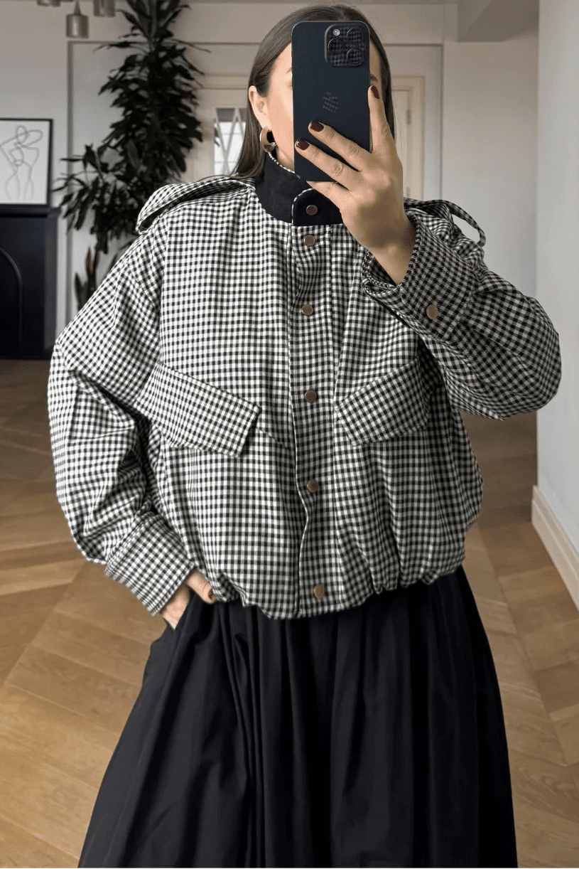 Emma High Neck Checked Bomber Jacket