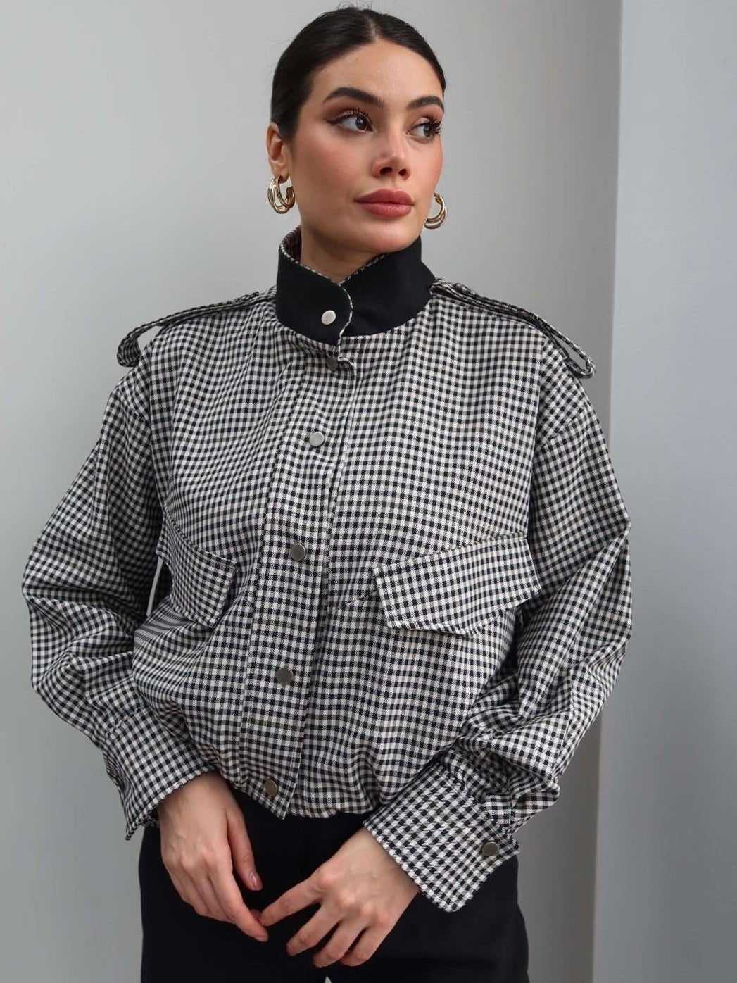 Emma High Neck Checked Bomber Jacket