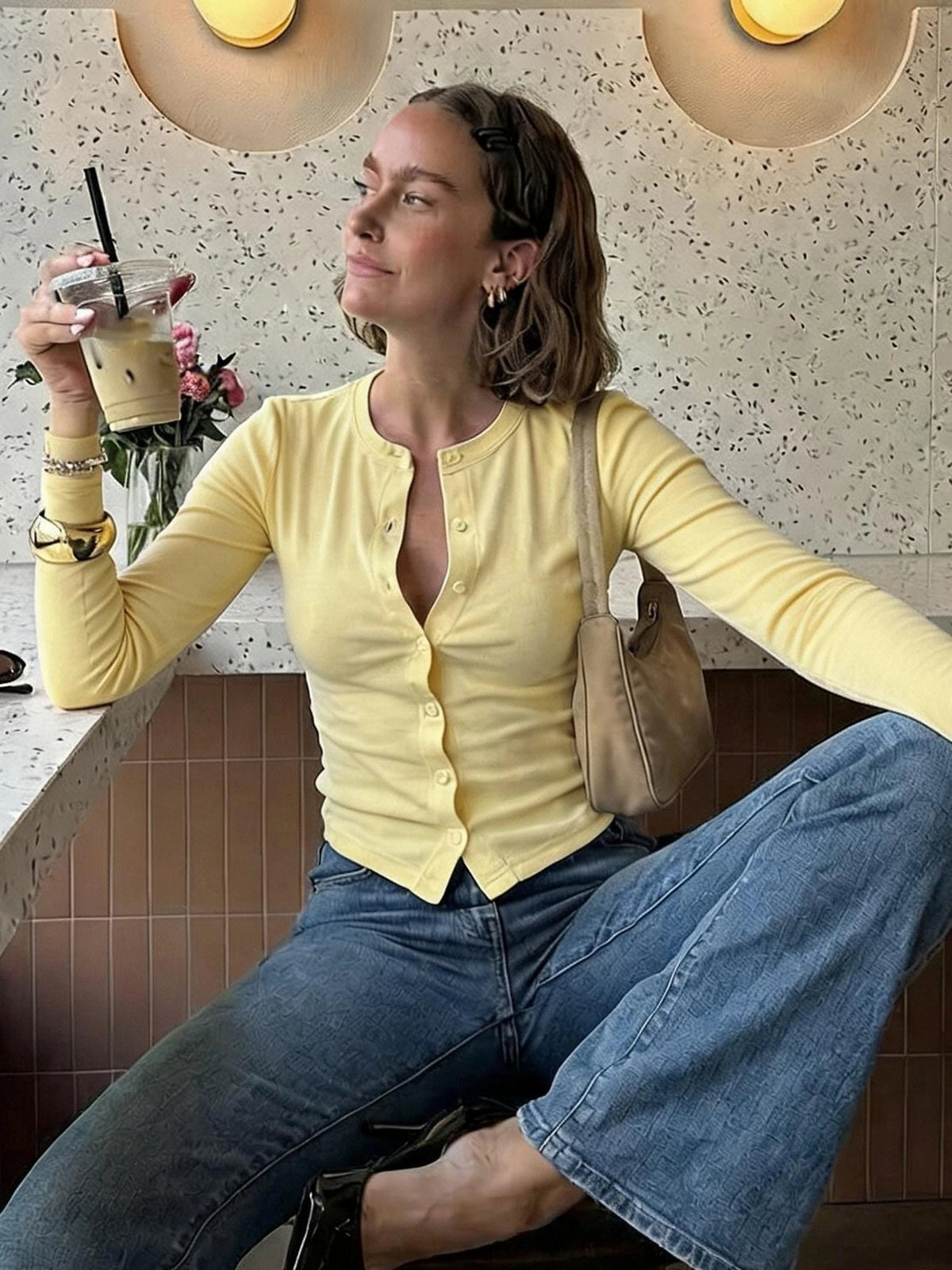 Kate Button Front Ribbed Knit Top