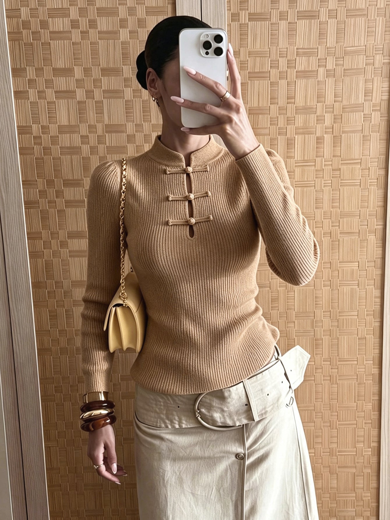 Naomi Mandarin Collar Ribbed Knit Top