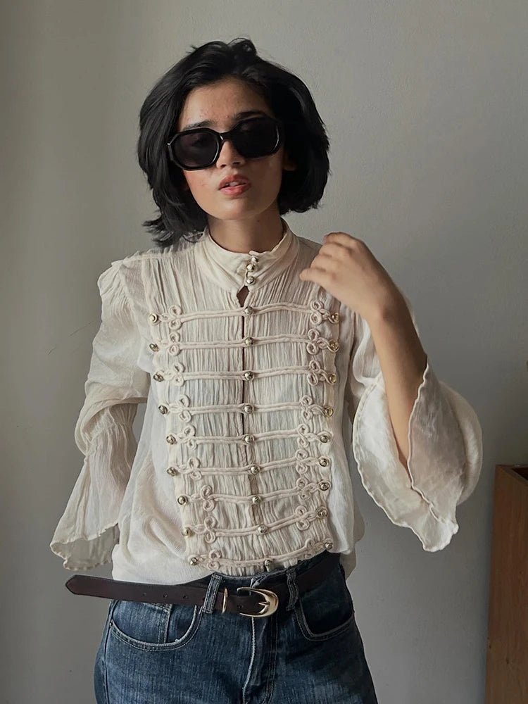 SOKYND Addison Vintage Stand Collar Frog Button Blouse BlouseSOKYND-182295-BEI-XS-05783BeigeXS