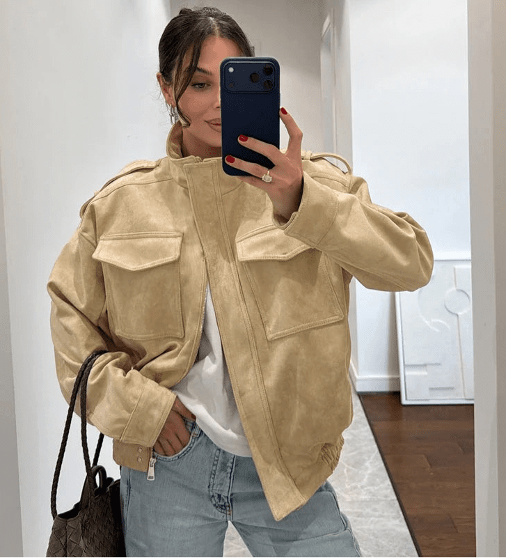 SOKYND Alyssa Suede Bomber Jacket Coats & JacketsMw1772777205907638494BeigeXS