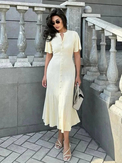 SOKYND Aneyla Bell Sleeve Pleated Knit Midi Dress DressBeigeS