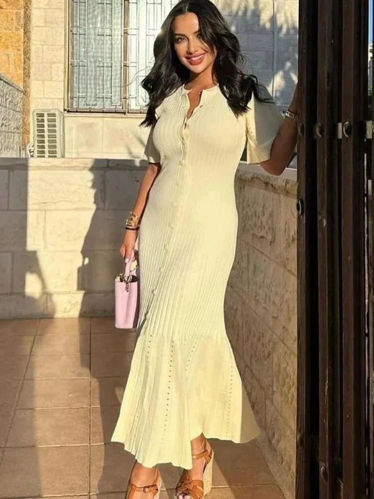 SOKYND Daniela Bell Sleeve Pleated Knit Midi Dress DressesSOKYND-493911-BEI-S-33431BeigeS