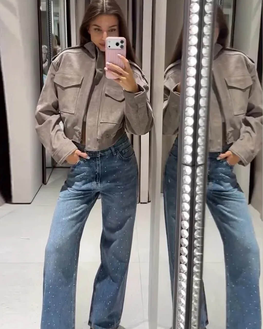SOKYND Ava Suede Cropped Stand Collar Jacket JacketSOKYND-822167-GRE-M-49463GreyM