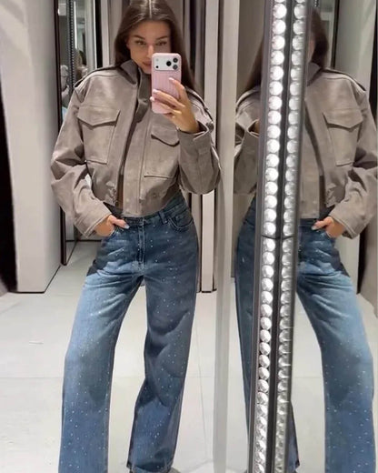 SOKYND Ava Suede Cropped Stand Collar Jacket JacketSOKYND-822167-GRE-M-49463GreyM