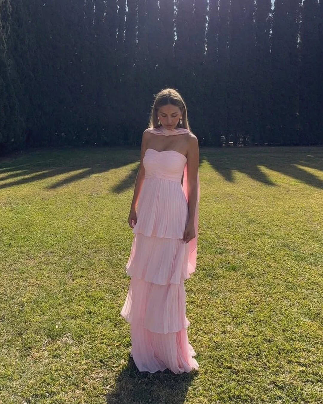 SOKYND Celeste Strapless Pleated Tiered Maxi Dress DressesS