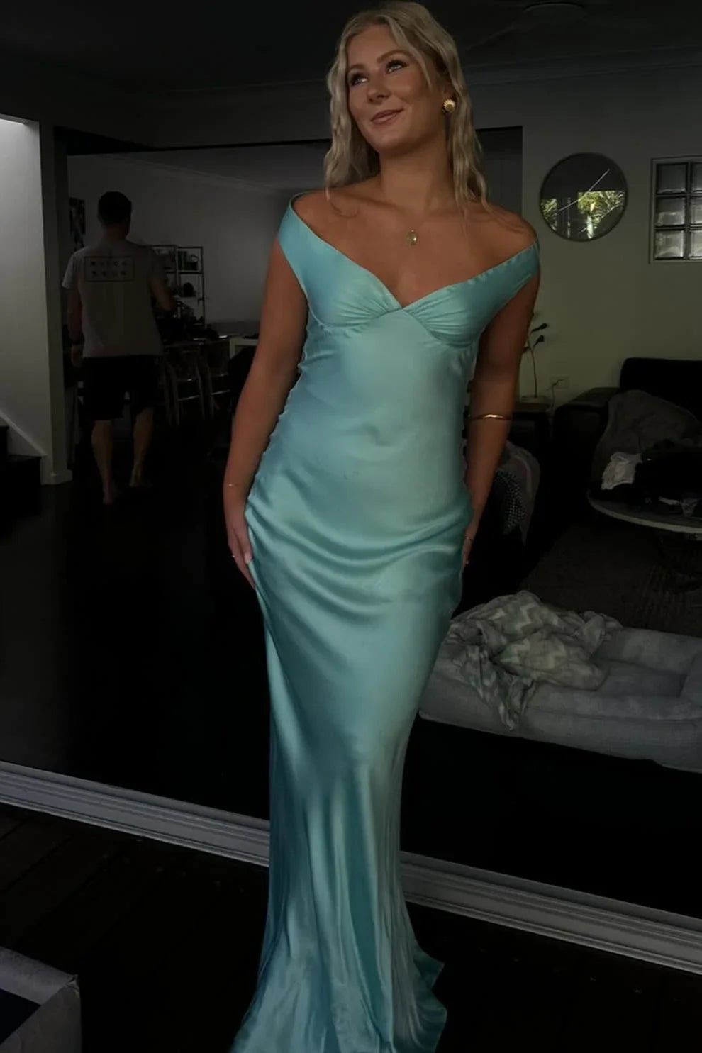 SOKYND Delia Satin Off the Shoulder Maxi Dress DressAquaXS