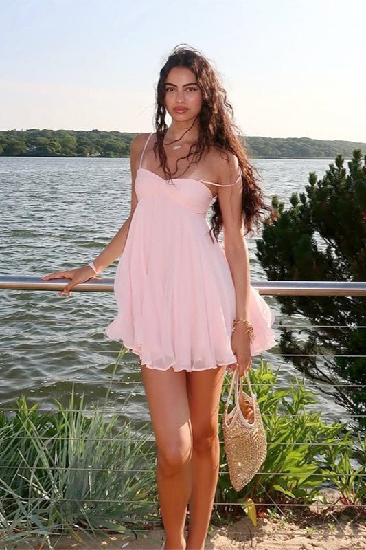 SOKYND Demetra Off Shoulder Chiffon Mini Dress DressPinkS