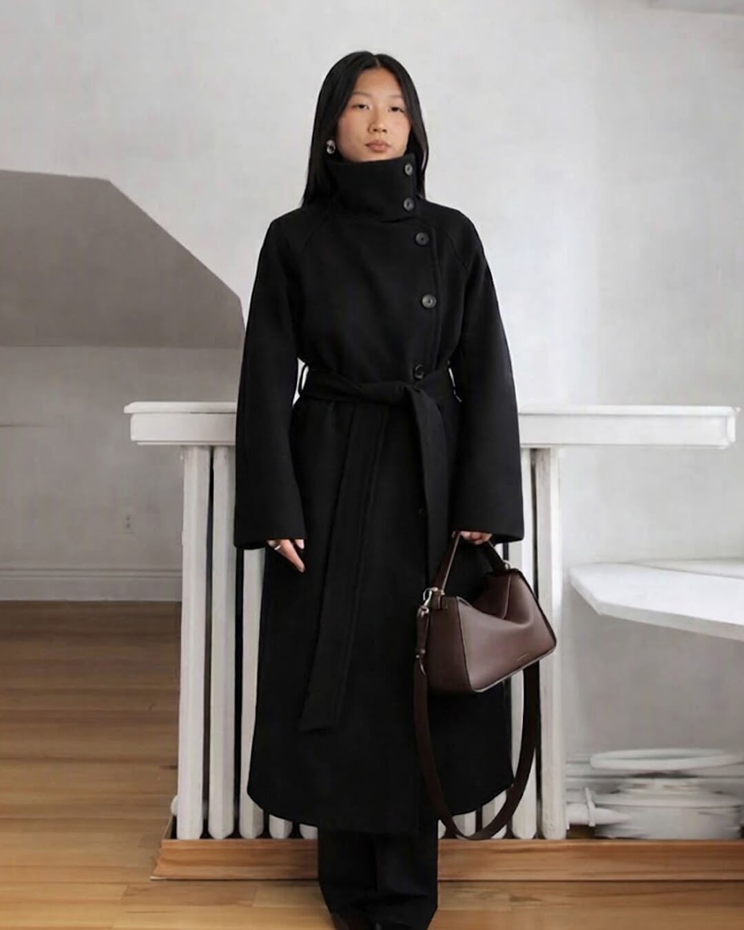 SOKYND Dolly Long Belted High Collar Coat in Black