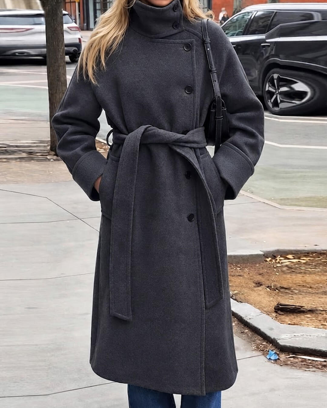 SOKYND Dolly Long Belted High Collar Coat in Grey