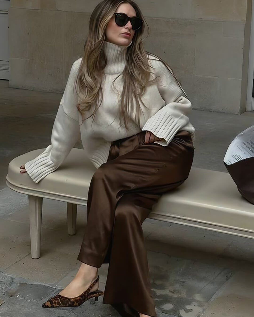 SOKYND Elena Wide Leg Satin Trousers PantsBrownS