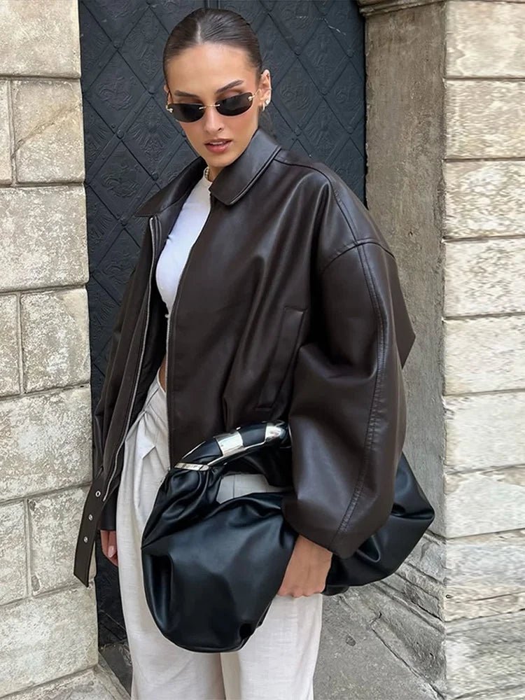 SOKYND Eliana Leather Moto Jacket Coats & JacketsBrownS