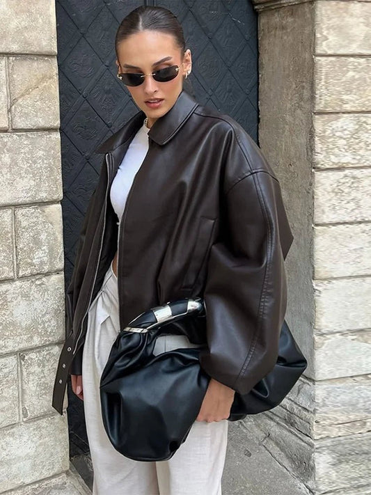 SOKYND Eliana Leather Moto Jacket Coats & JacketsBrownS