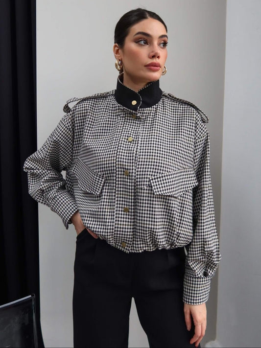 SOKYND Emma High Neck Checked Bomber Jacket JacketSOKYND-266007-M-OS-58359M