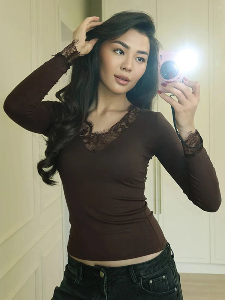 SOKYND Evelyn Lace V-Neck Casual Top TopSOKYND-482135-BRO-M-14135BrownM