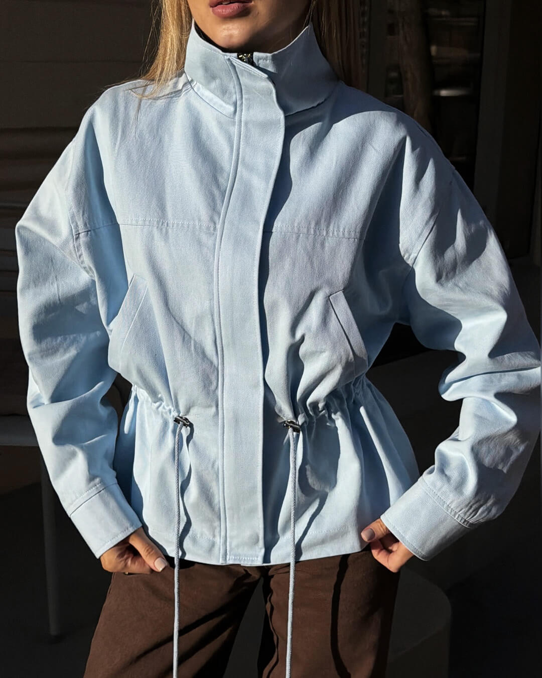 Joanna Drawstring Stand Collar Jacket in Blue