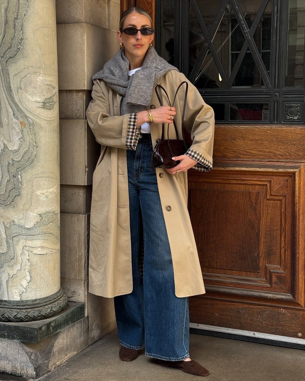 SOKYND Jane Check-Accent Mid Trench Coat CoatSOKYND-663447-BEI-L-30551BeigeL