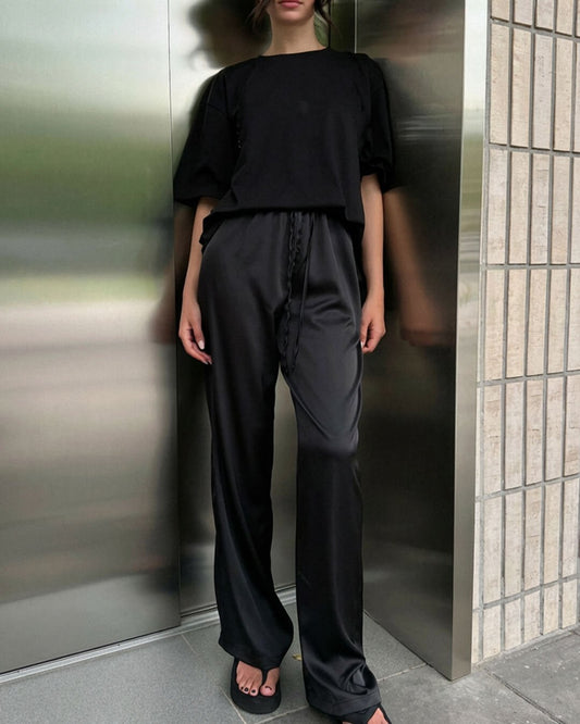 SOKYND Keith High Waist Satin Wide Leg Trousers TrousersJU1774219786666989162BlackS