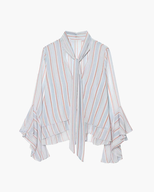 Lucy Stripe Ruffle Tie-Neck Blouse