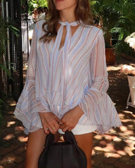 Lucy Stripe Ruffle Tie-Neck Blouse