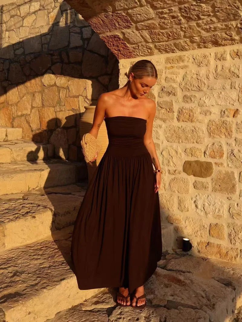 SOKYND Luz Strapless Ruched Maxi Dress in Brown