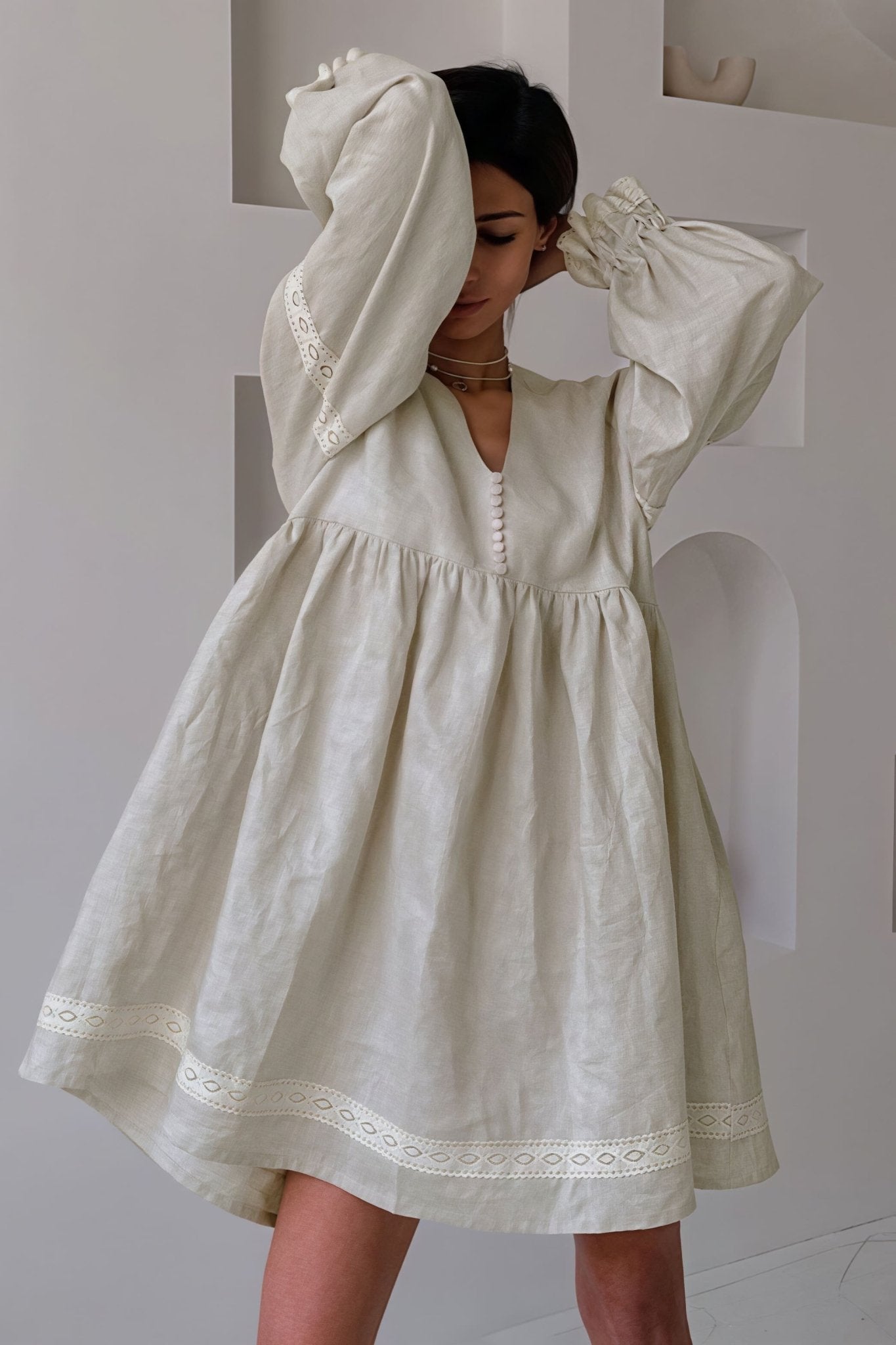 SOKYND Magnolia Cotton Linen V - Neck Lantern Sleeve Mini Dress DressKhakiM
