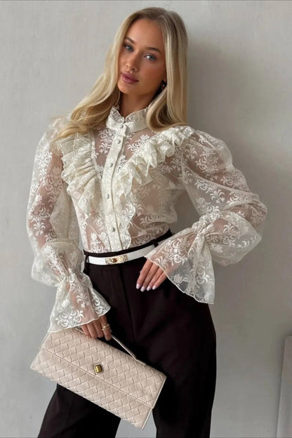 SOKYND Mia Ruffle Lace Sheer Blouse BlouseSOKYND-444951-BEI-L-53623BeigeL