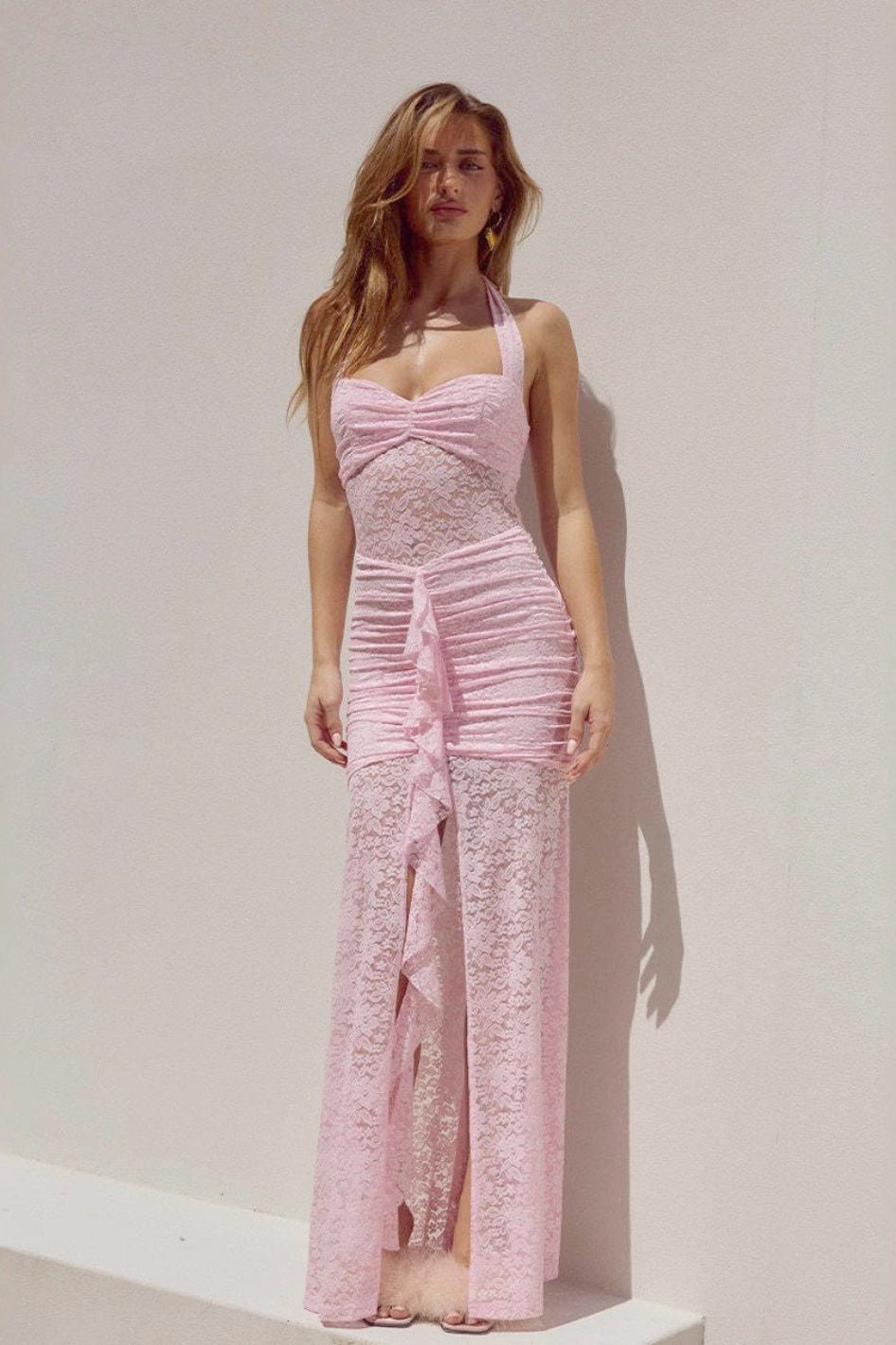 SOKYND Minda Halter Lace Slit Maxi Dress DressesOM1774526245050414644PinkM