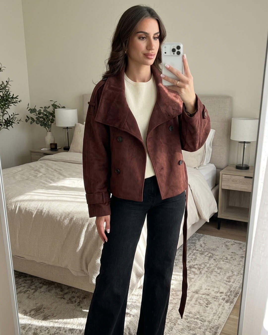 SOKYND Miriam Funnel Neck Faux Suede Belted Jacket JacketSOKYND-822743-BUR-M-24119BurgundyM