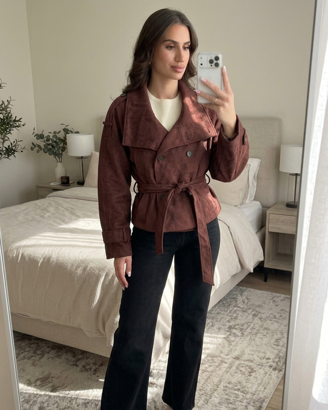 SOKYND Miriam Funnel Neck Faux Suede Belted Jacket JacketSOKYND-822743-BUR-M-24119BurgundyM