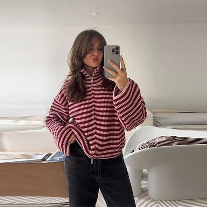 SOKYND Monica High Neck Zip-Up Cardigan CardiganSOKYND-538647-RED-L-41079Red StripesL