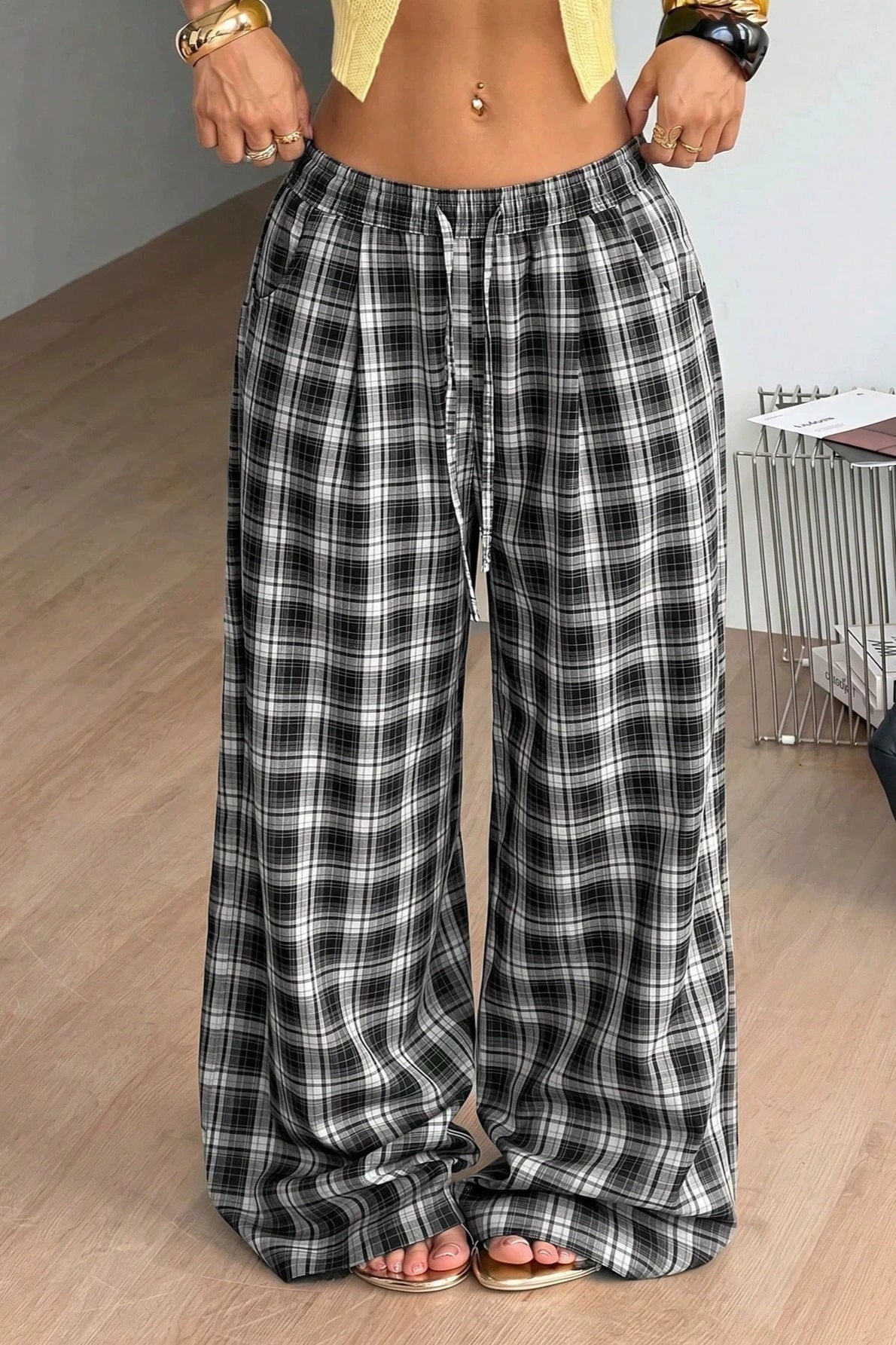 SOKYND Naomi Drawstring Wide Leg Plaid Pants PantsSOKYND-172119-BLA-S-08343BlackS