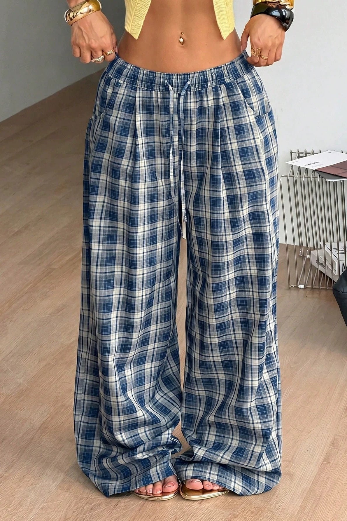 SOKYND Naomi Drawstring Wide Leg Plaid Pants PantsSOKYND-172119-BLU-S-46199BlueS